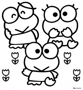 Three Keroppi characters and flowers coloring page