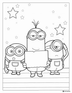 Three Minions Coloring Page Holding a Sign