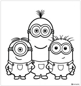 Three Minions Coloring Page Standing Together