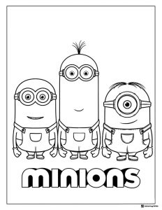 Three Minions Coloring Page with Logo