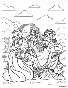Three Princesses Coloring Page with Rainbow