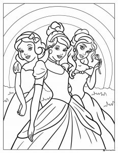 Three Princesses Coloring Page with rainbow background