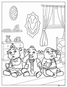 Three baby ogres in a nursery coloring page