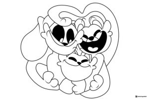 Three characters hugging in a close up Coloring Page