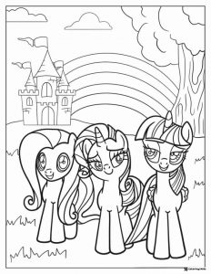 Three ponies in front of a castle coloring page