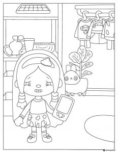 Toca Boca character with phone in a room with clothes coloring page
