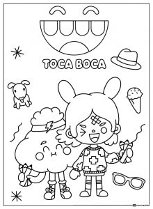Toca Boca characters with accessories and title coloring page