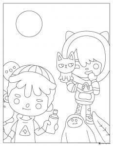 Toca Boca characters with cat and spray can coloring page