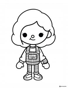 Toca Boca girl coloring page in plaid overalls with watch