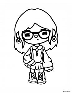 Toca Boca girl coloring page with big glasses and a backpack