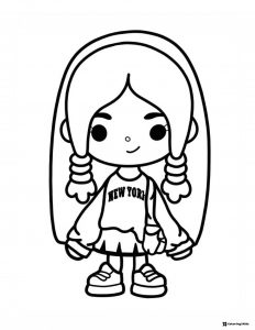 Toca Boca girl coloring page with pigtails and New York shirt