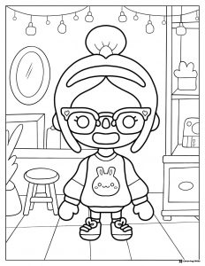 Toca Boca girl with bunny sweater and glasses coloring page