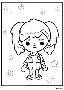 Toca Boca girl with pigtails and flowers coloring page