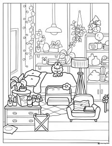 Toca Boca house interior with furniture and plants coloring page