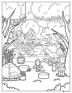 Toca Boca outdoor camping scene with tent and campfire coloring page