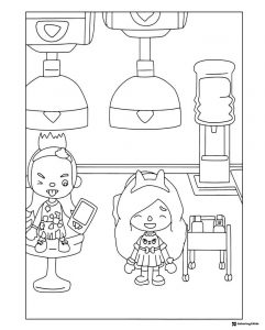 Toca Boca salon scene with characters and hair dryers coloring page