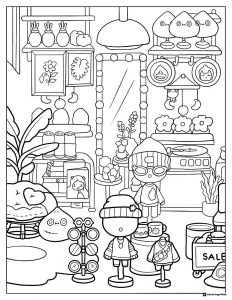 Toca Boca shop scene with characters and items coloring sheet