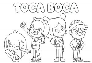 Toca Boca title with four characters standing coloring page