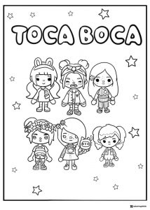 Toca Boca title with six characters and stars coloring page