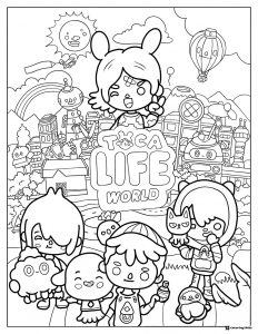Toca Life World Coloring Page with diverse characters and city