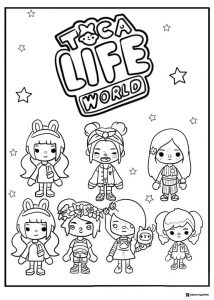 Toca Life World title with six characters and stars coloring page