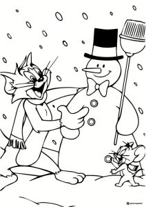 Tom Jerry and a snowman in falling snow coloring sheet