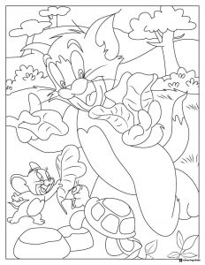 Tom and Jerry coloring page with a turtle and butterfly