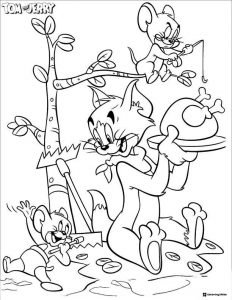 Tom and Jerry coloring page with food and fishing