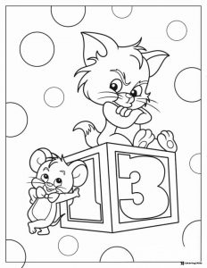Tom and Jerry coloring page with number 3 block