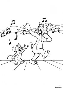 Tom and Jerry dancing with musical notes coloring page