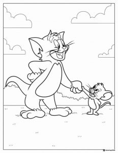 Tom and Jerry holding hands in a field coloring page