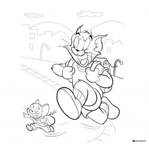 Tom and Jerry running with backpacks coloring page