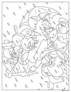 Tom and friends in the rain with umbrellas coloring page