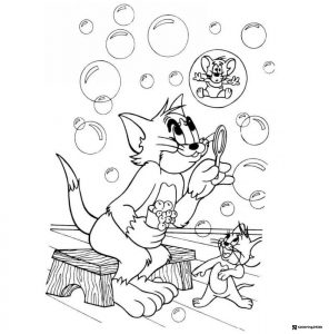 Tom blowing bubbles with Jerry inside one