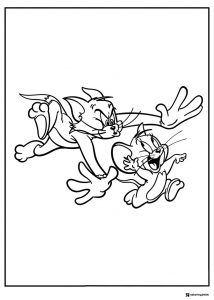Tom chasing Jerry in a dynamic action pose coloring sheet