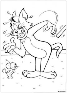 Tom crying in pain with Jerry watching coloring page