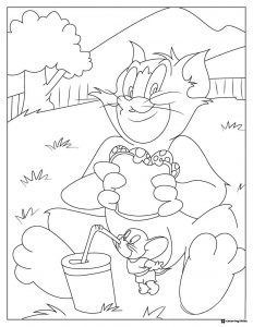 Tom eating a sandwich Jerry drinking from straw coloring page