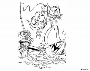 Tom fishing a large fish from a pier coloring page