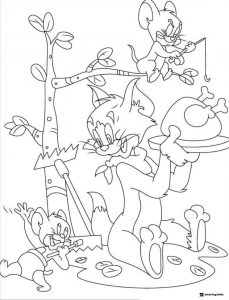 Tom holding turkey Jerry fishing and playing coloring page