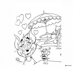 Tom in love on beach Jerry with angry expression coloring page