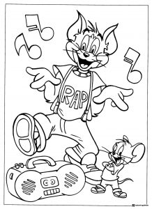 Tom rapping with Jerry and a boombox coloring page