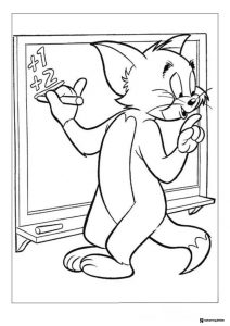 Tom solving a math problem on a blackboard coloring page