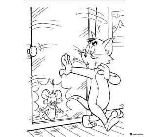 Tom surprised by tiny Jerry through glass coloring sheet