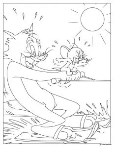 Tom water skiing while Jerry holds the rope coloring sheet
