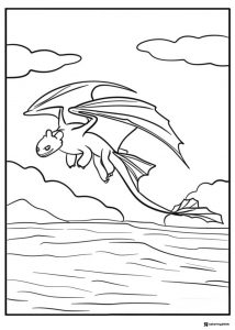 Toothless dragon flying over water coloring page