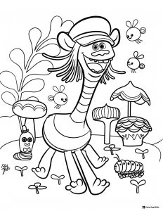 Trolls Cooper in forest with mushrooms and critters coloring page