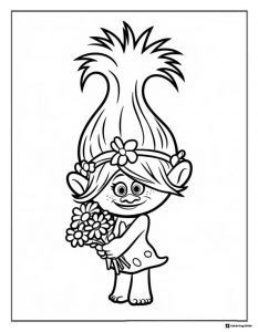 Trolls Poppy holding a bouquet of flowers coloring