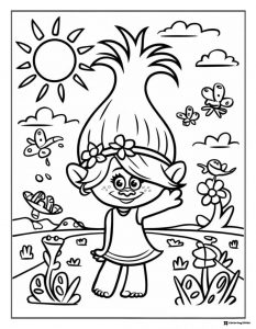 Trolls Poppy in a field with butterflies coloring
