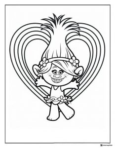 Trolls Poppy with heart background coloring sheet