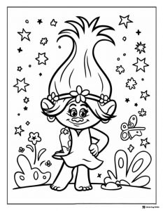 Trolls Poppy with stars and flowers coloring page